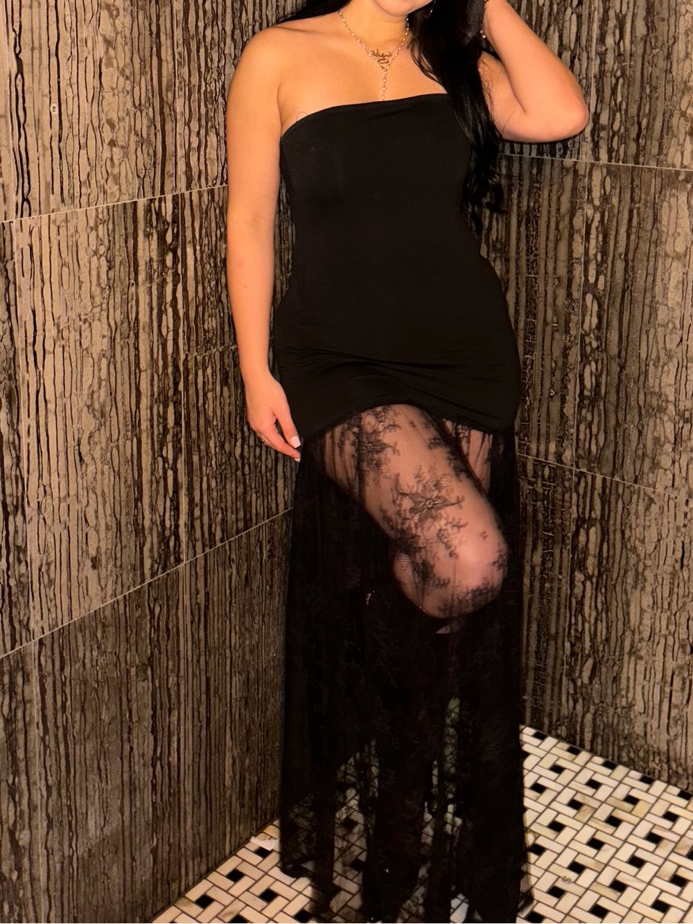 Strapless Black Lace-Sheen Maxi Dress